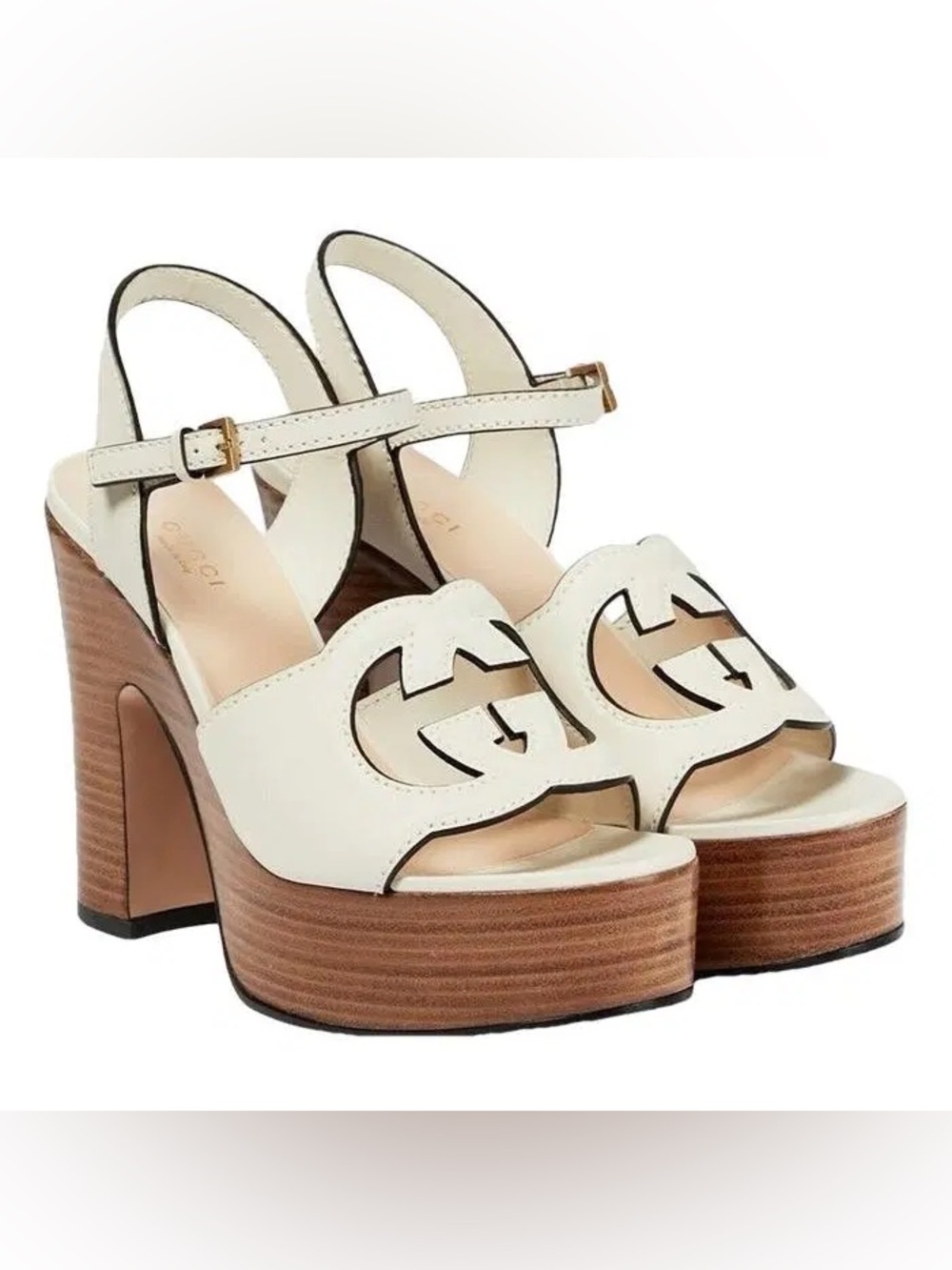 Gucci Cream Leather Platform Sandal with Stacked Wood Heel